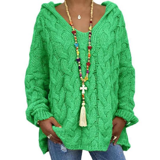 Damen nan oversized Kapuzenpullover mit Zopfmuster, tiefem V-Ausschnitt und seitlichen Schlitzen EB