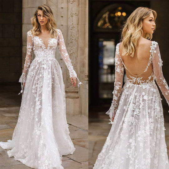 Damen Elegantes Hochzeitskleid mit floralen Spitzenapplikationen und tiefem V-Ausschnitt EB