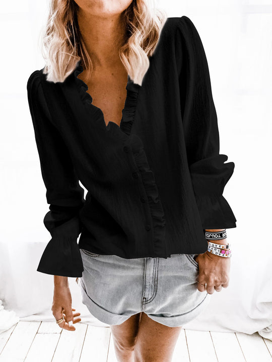 Damen Blusenshirt mit Rüschendetails und Knopfverschluss EB