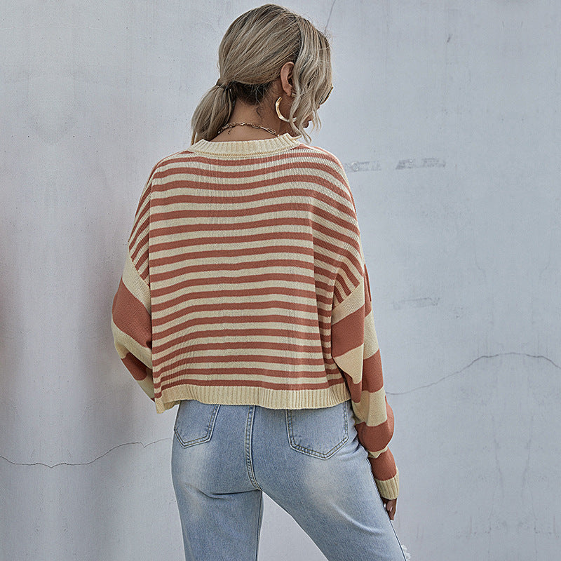 Damen lässiger Oversized Pullover mit Streifenmuster und weiten Ärmeln EB