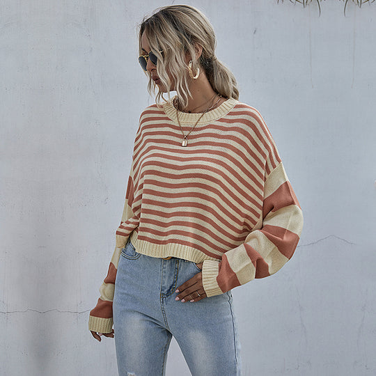 Damen lässiger Oversized Pullover mit Streifenmuster und weiten Ärmeln EB