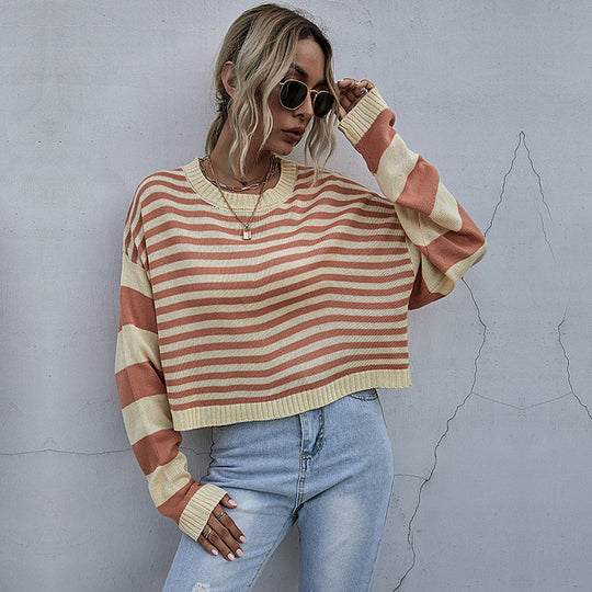 Damen lässiger Oversized Pullover mit Streifenmuster und weiten Ärmeln EB