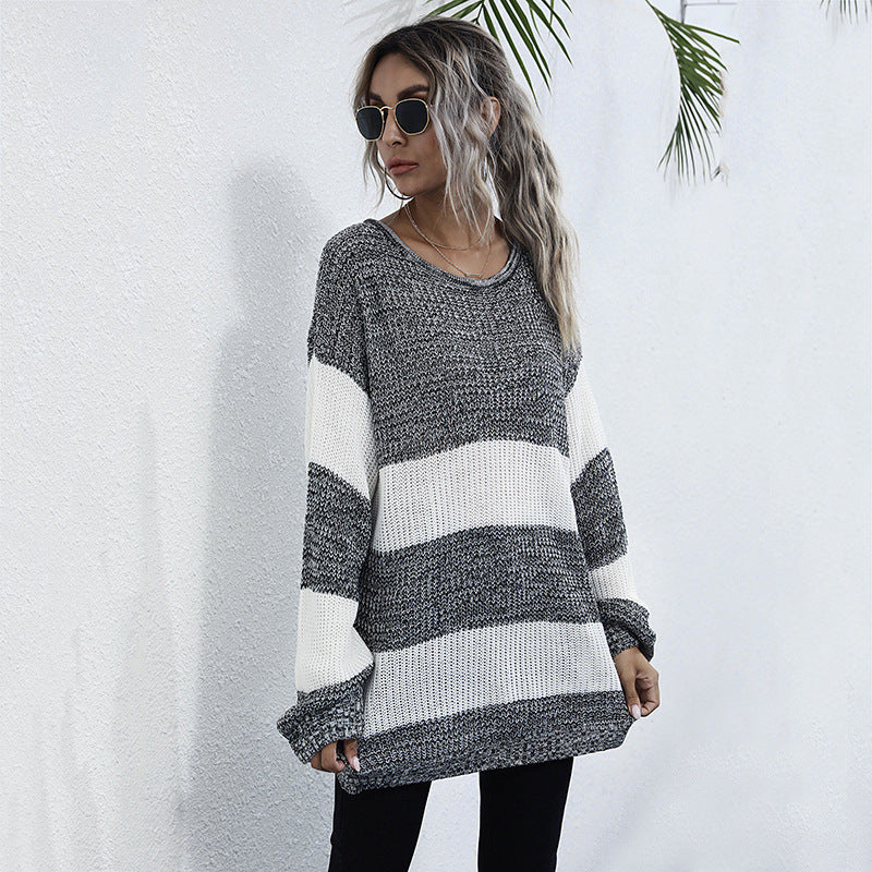 Damen lässiger Strickpullover mit modischem Streifenmuster und komfortablem Schnitt EB