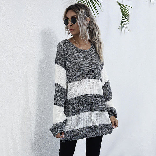 Damen lässiger Strickpullover mit modischem Streifenmuster und komfortablem Schnitt EB