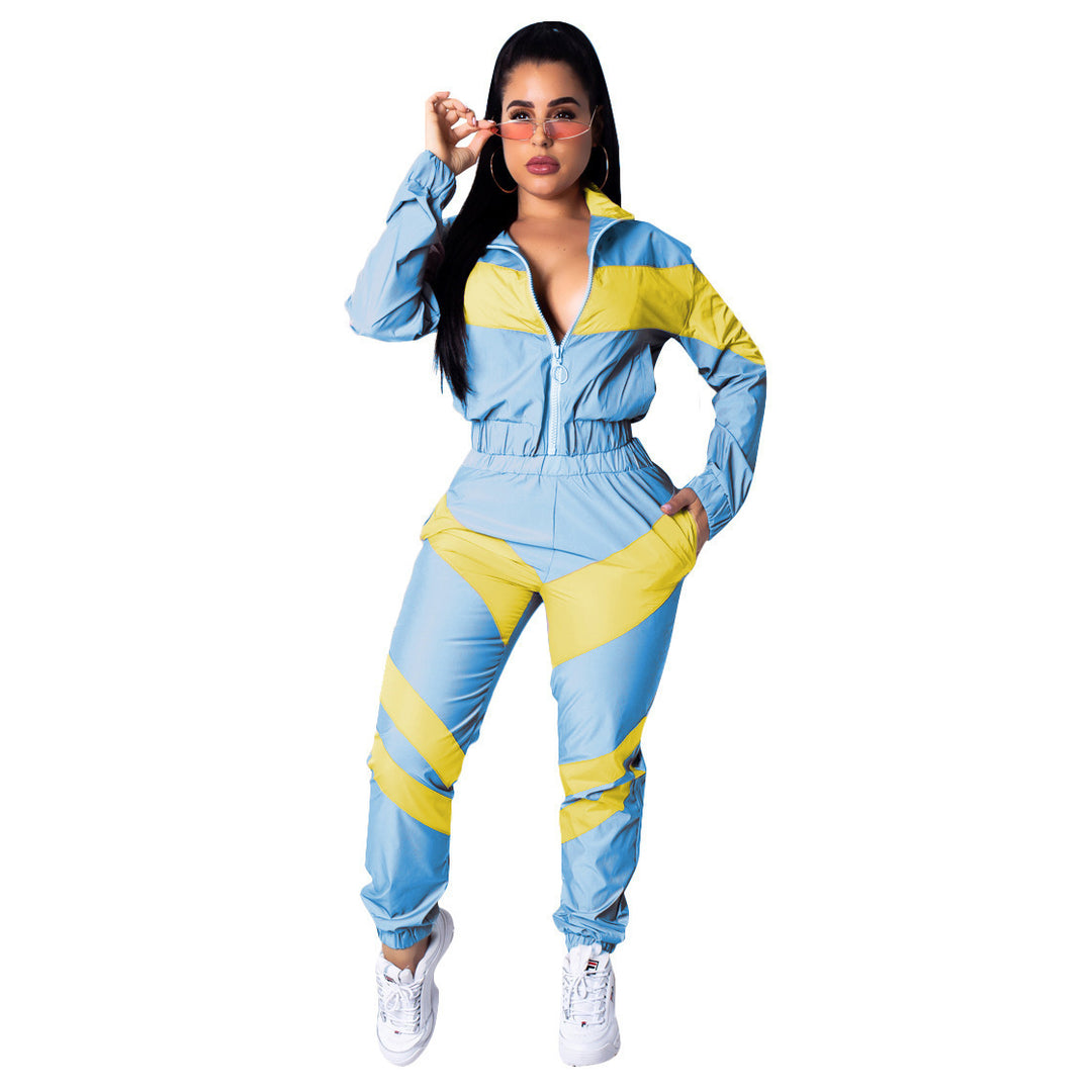 Damen sportlicher Jumpsuit mit modischen Farbblockdetails und hohem Kragen EB