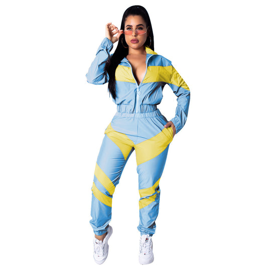 Damen sportlicher Jumpsuit mit modischen Farbblockdetails und hohem Kragen EB