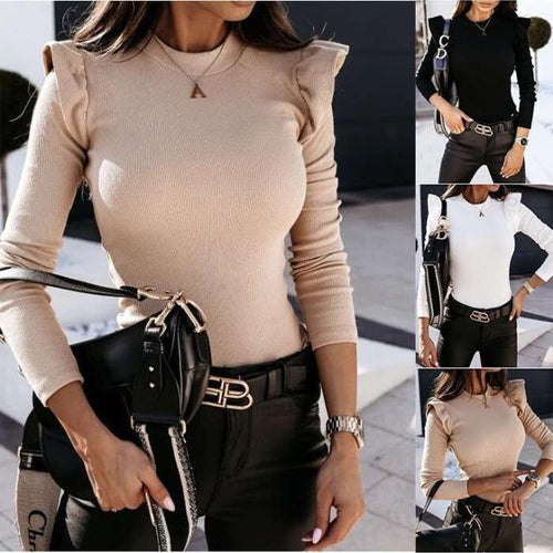 Damen Strickoberteil mit Rüschendetails und enganliegendem Schnitt EB