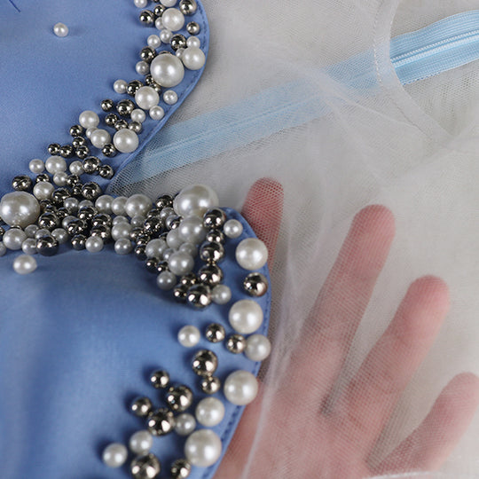 Damen Abendkleid mit transparenten Puffärmeln und Rüschenrand EB