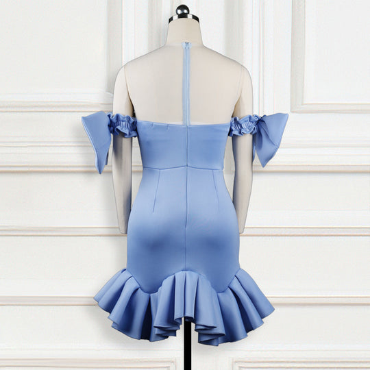 Damen Abendkleid mit transparenten Puffärmeln und Rüschenrand EB