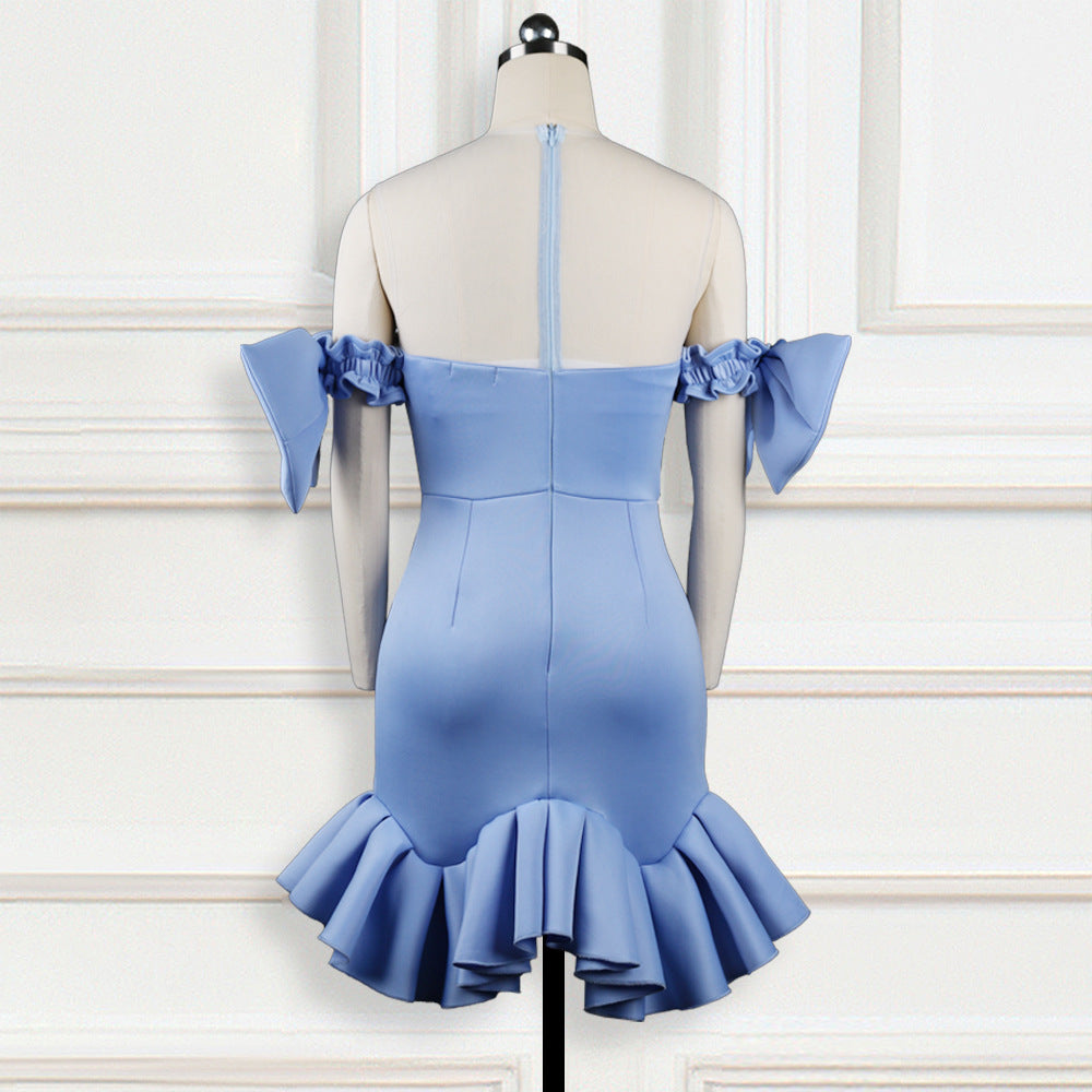 Damen glamouröses Cocktailkleid mit transparenten Puffärmeln und Rüschensaum EB