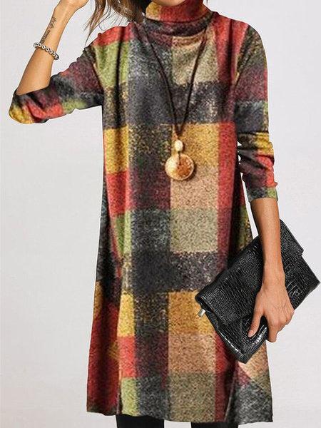 Damen modisches Langarmkleid mit Rollkragen und kariertem Design EB