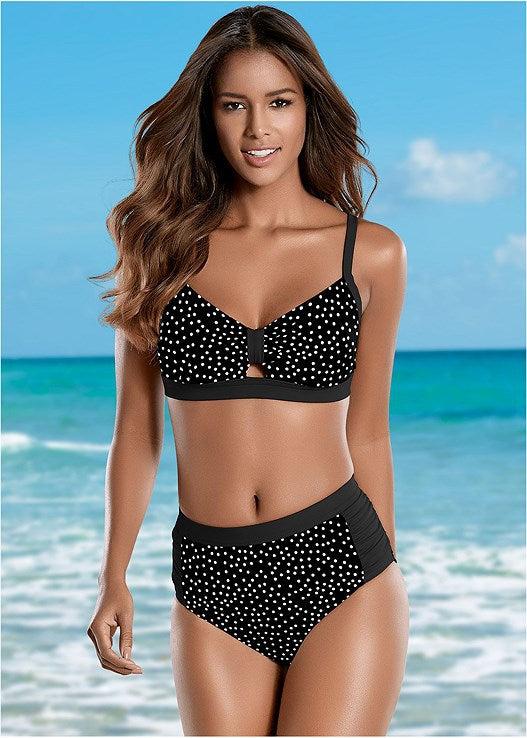 Damen Hochtailliertes Bikini-Set mit gepolstertem Oberteil und modischem Punktdesign EB