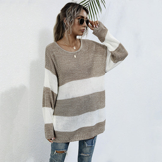 Damen lässiger Strickpullover mit modischem Streifenmuster und komfortablem Schnitt EB