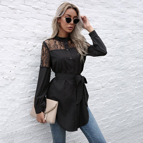 Damen Hemdblusenkleid mit transparenter Spitzenoptik und tailliertem Gürtel EB