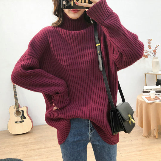 Damen Grobstrickpullover mit hohem Kragen und feiner Rippstruktur EB