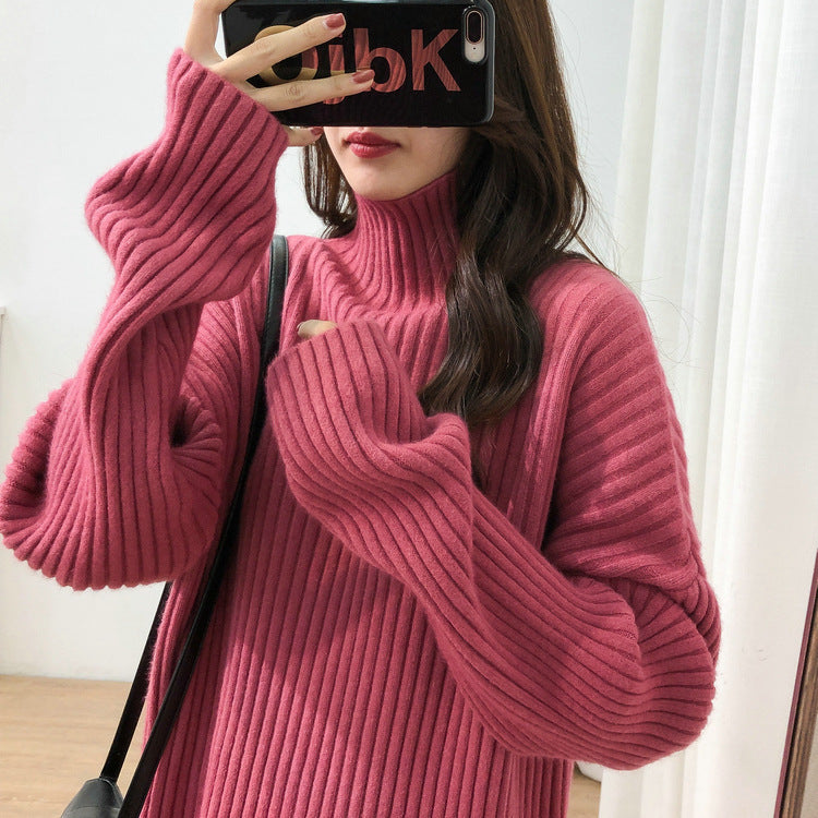 Damen Grobstrickpullover mit hohem Kragen und feiner Rippstruktur EB