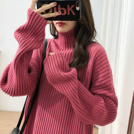 Damen Grobstrickpullover mit hohem Kragen und feiner Rippstruktur EB