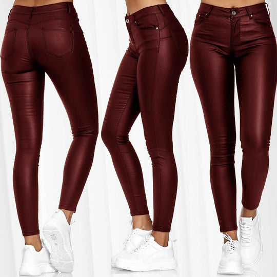 Damen nan highwaist vegane Lederleggings mit hoher Elastizität und Five-Pocket-Optik EB