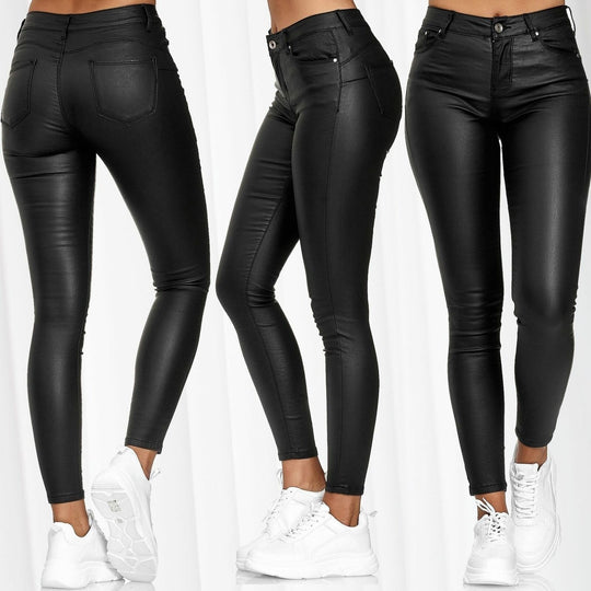 Damen nan highwaist vegane Lederleggings mit hoher Elastizität und Five-Pocket-Optik EB