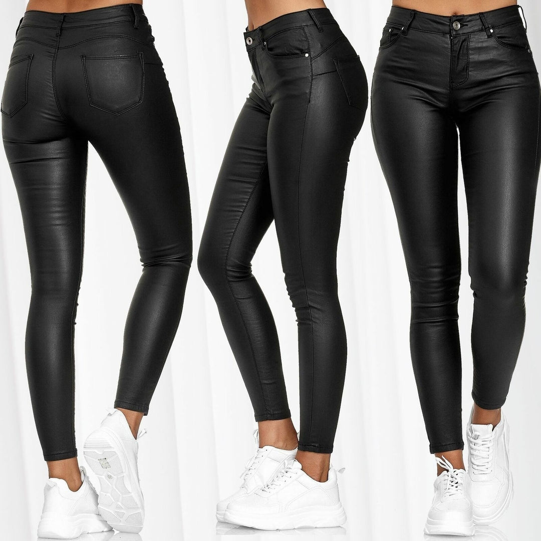 Damen nan highwaist vegane Lederleggings mit hoher Elastizität und Five-Pocket-Optik EB