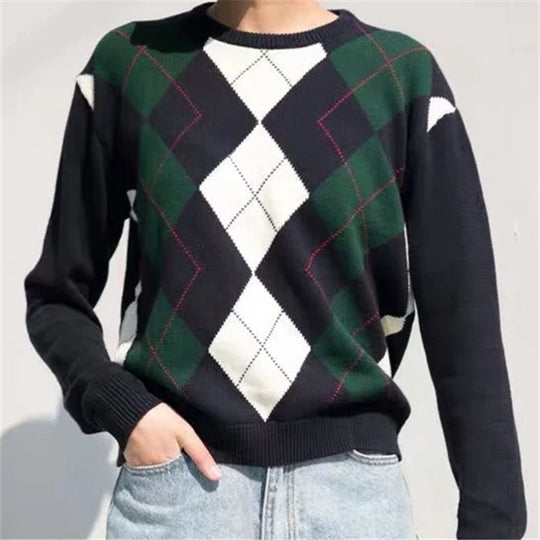 Damen nan Argyle Strickpullover mit Rundhalsausschnitt und geripptem Bund EB