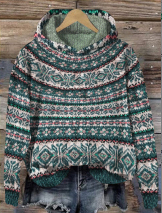 EB | Damen Strickhoodie mit norwegischem Muster und Kapuze