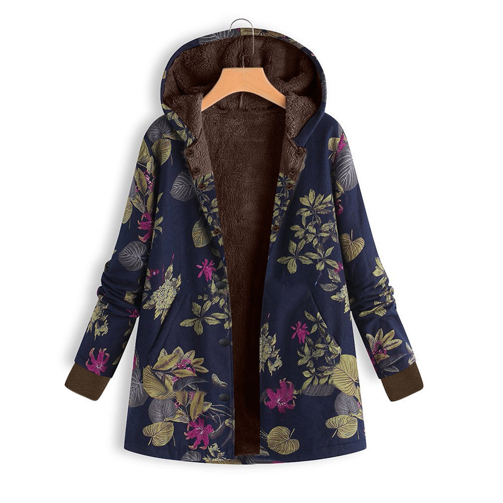 Damen Gefütterte Kapuzenjacke mit Kunstfellfutter, floralem Print und Eingrifftaschen EB