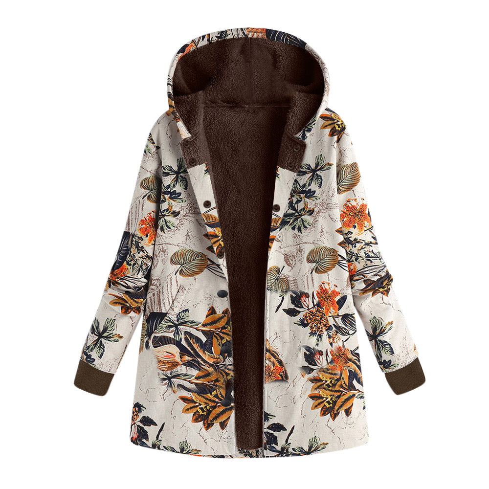 Damen Gefütterte Kapuzenjacke mit Kunstfellfutter, floralem Print und Eingrifftaschen EB