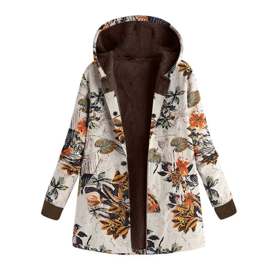 Damen Gefütterte Kapuzenjacke mit Kunstfellfutter, floralem Print und Eingrifftaschen EB