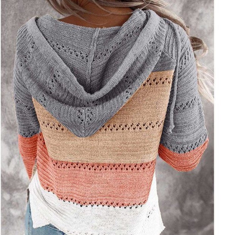 Damen Lockerer Strickkapuzenpullover mit Lochmuster und Eingrifftasche EB