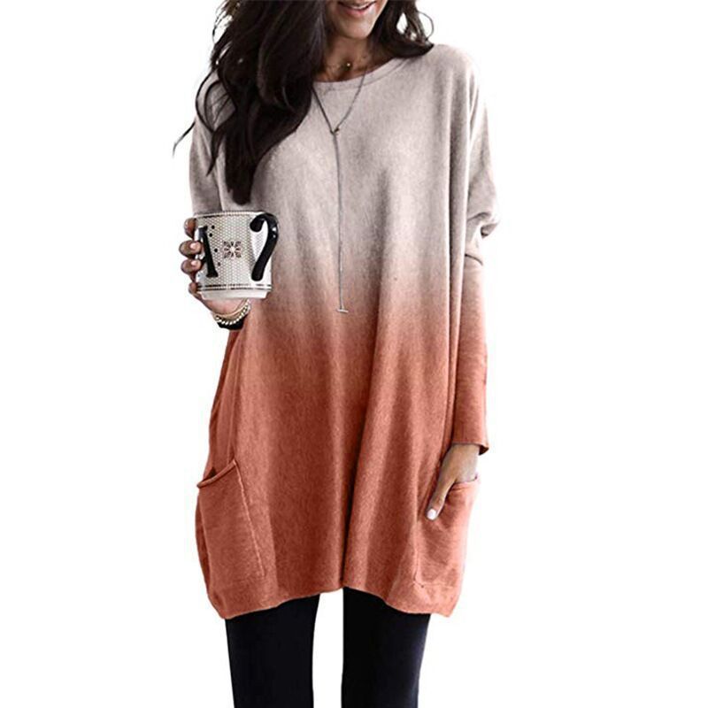 Damen nan oversized Ombre Stricktunika mit seitlichen Einschubtaschen und Rundhalsausschnitt EB