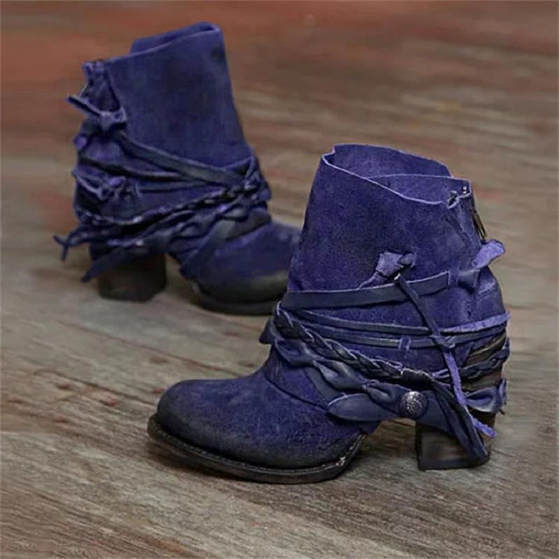 Damen nan Vintage Western-Ankleboots aus Veloursleder mit geflochtenen Riemendetails und praktischem Fersenreißverschluss EB