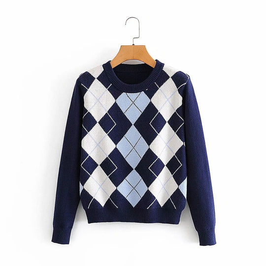 Damen nan Argyle Strickpullover mit Rundhalsausschnitt und geripptem Bund EB