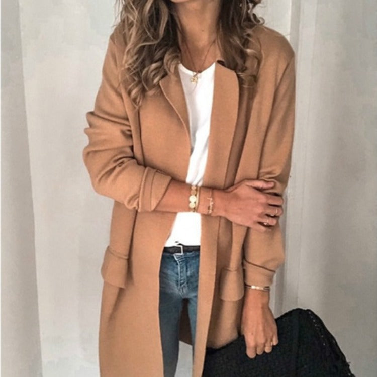 Damen Lange Wolljacke mit eleganten Taschen EB