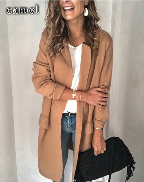 Damen Lange Wolljacke mit eleganten Taschen EB
