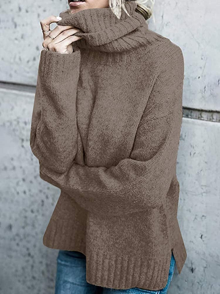 Damen Grobstrickpullover mit hohem Kragen und lässigem Schnitt EB