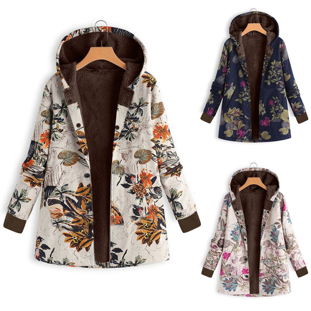 Damen Gefütterte Kapuzenjacke mit Kunstfellfutter, floralem Print und Eingrifftaschen EB