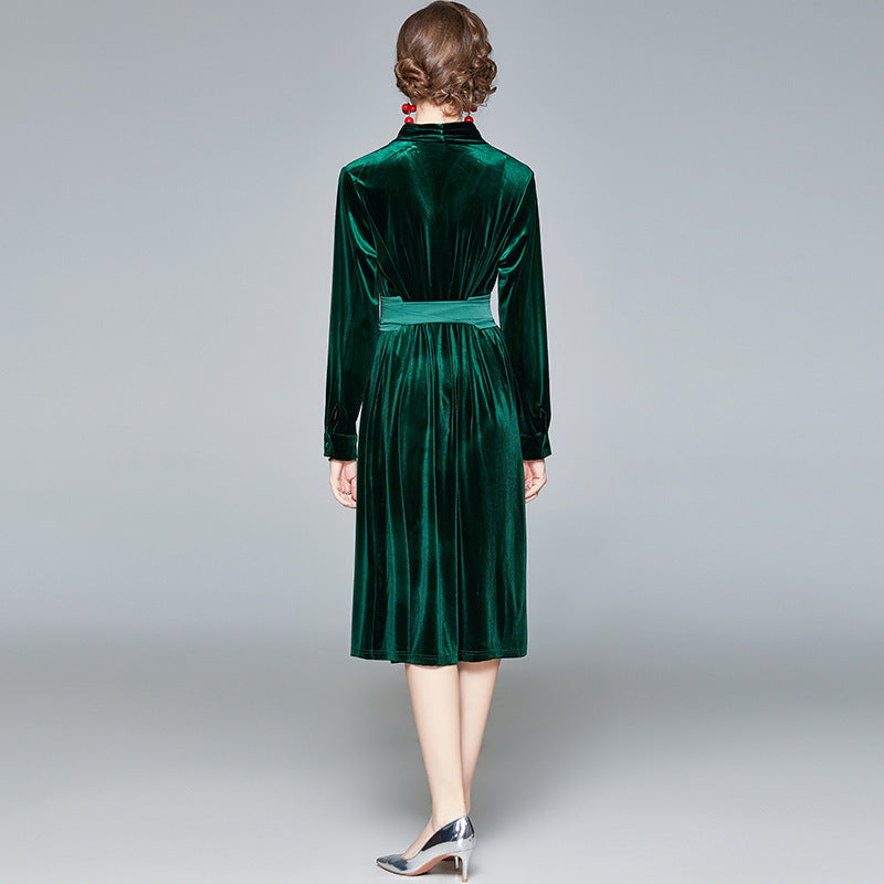 Damen Samt-Midikleid mit Stehkragen und tailliertem Bindegürtel EB