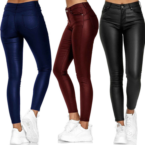Damen nan highwaist vegane Lederleggings mit hoher Elastizität und Five-Pocket-Optik EB