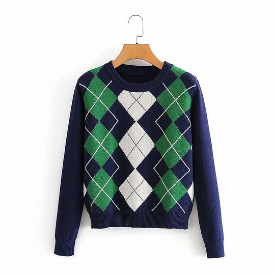 Damen nan Argyle Strickpullover mit Rundhalsausschnitt und geripptem Bund EB