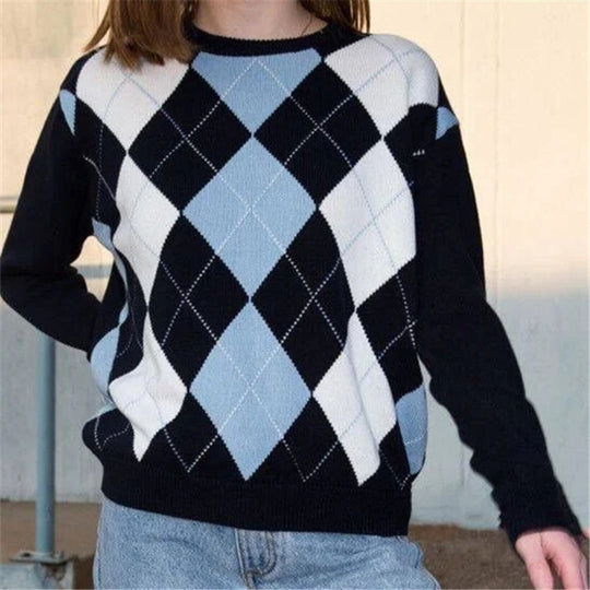 Damen nan Argyle Strickpullover mit Rundhalsausschnitt und geripptem Bund EB