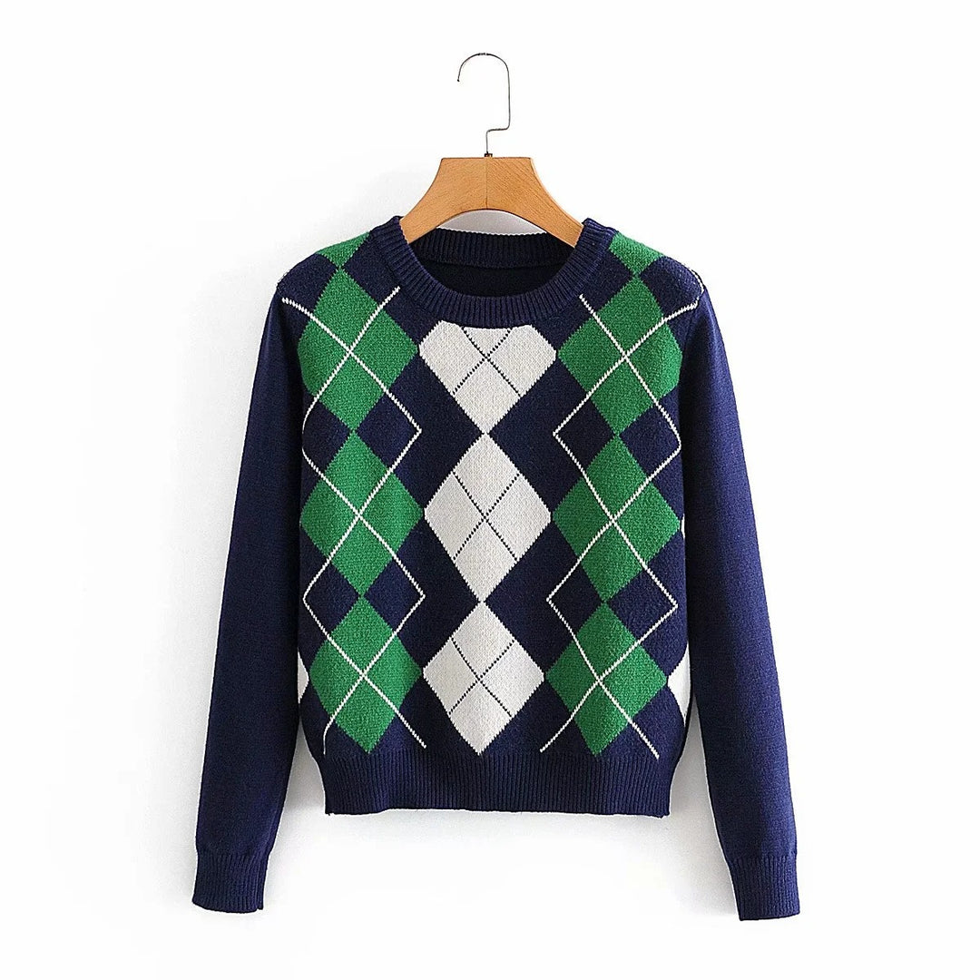 Damen nan Argyle Strickpullover mit Rundhalsausschnitt und geripptem Bund EB