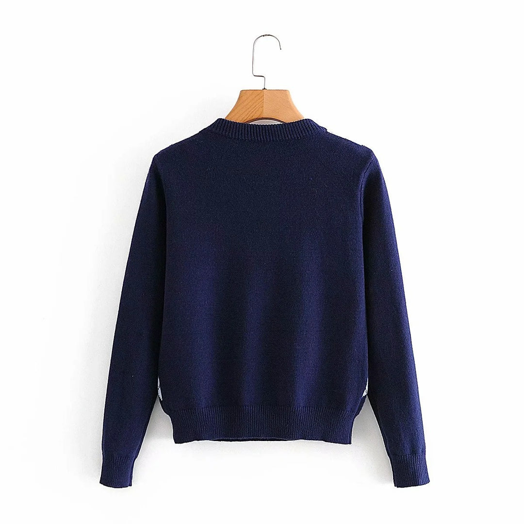 Damen nan Argyle Strickpullover mit Rundhalsausschnitt und geripptem Bund EB