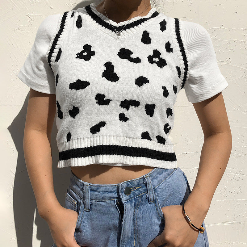 Damen süßes Strick-Crop-Top mit verspieltem Leopardenmuster EB