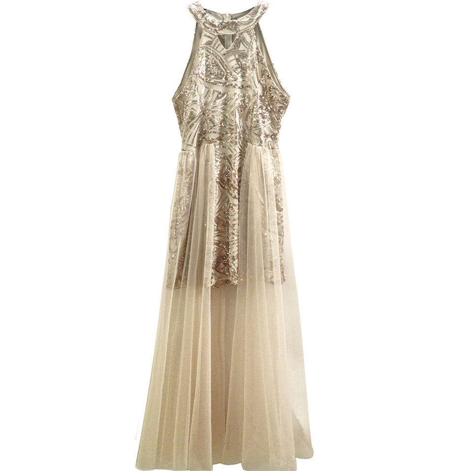 Damen Glamouröses Cocktailkleid mit transparenter Schleppe und funkelnden Pailletten EB