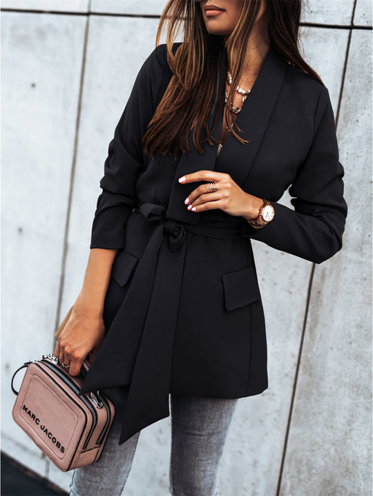 Damen elegante Blazerjacke mit Bindegürtel und praktischen Taschen EB