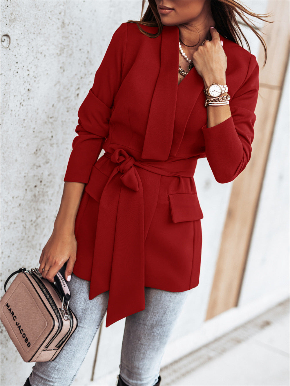 Damen elegante Blazerjacke mit Bindegürtel und praktischen Taschen EB