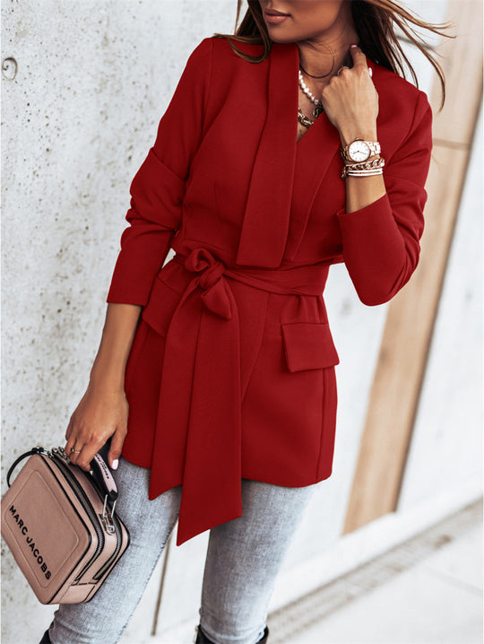 Damen elegante Blazerjacke mit Bindegürtel und praktischen Taschen EB