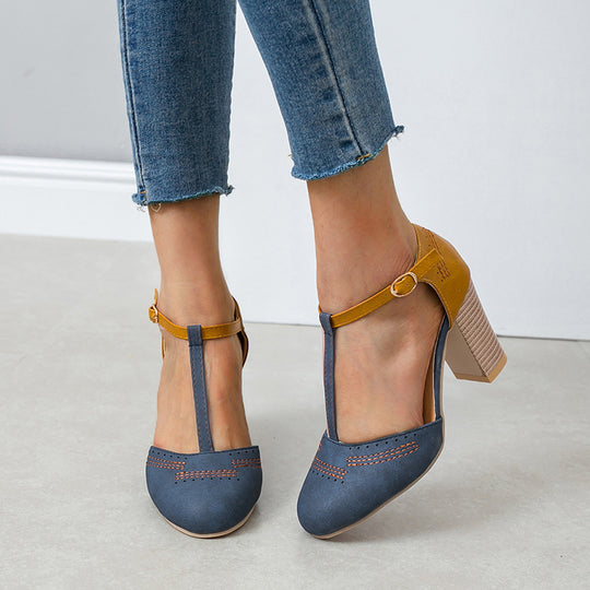 Damen Elegante T-Strap Pumps mit komfortablem Blockabsatz EB