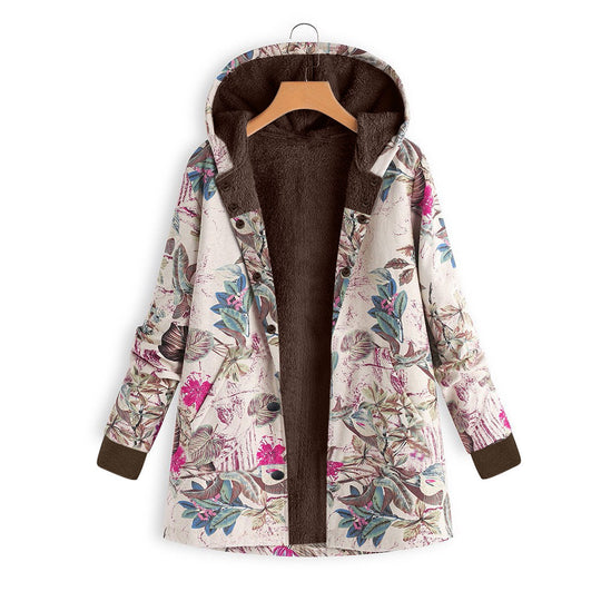 Damen Gefütterte Kapuzenjacke mit Kunstfellfutter, floralem Print und Eingrifftaschen EB